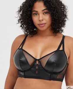 UNLINED LONGLINE UNDERWIRE BRALETTE - FAUX LEATHER & MESH BLACK